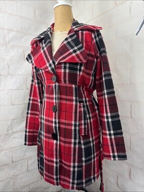⬇️ Wet Seal Red & Black Plaid Buttoned Pea Coat Jacket